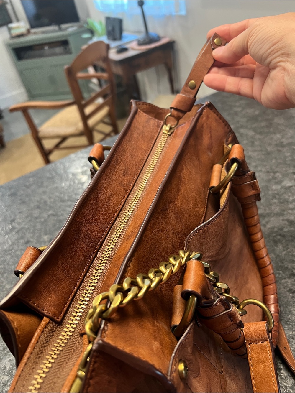 Frye Cognac Brown Leather Satchel with Chain-Leather Strap - Picture 12 of 16